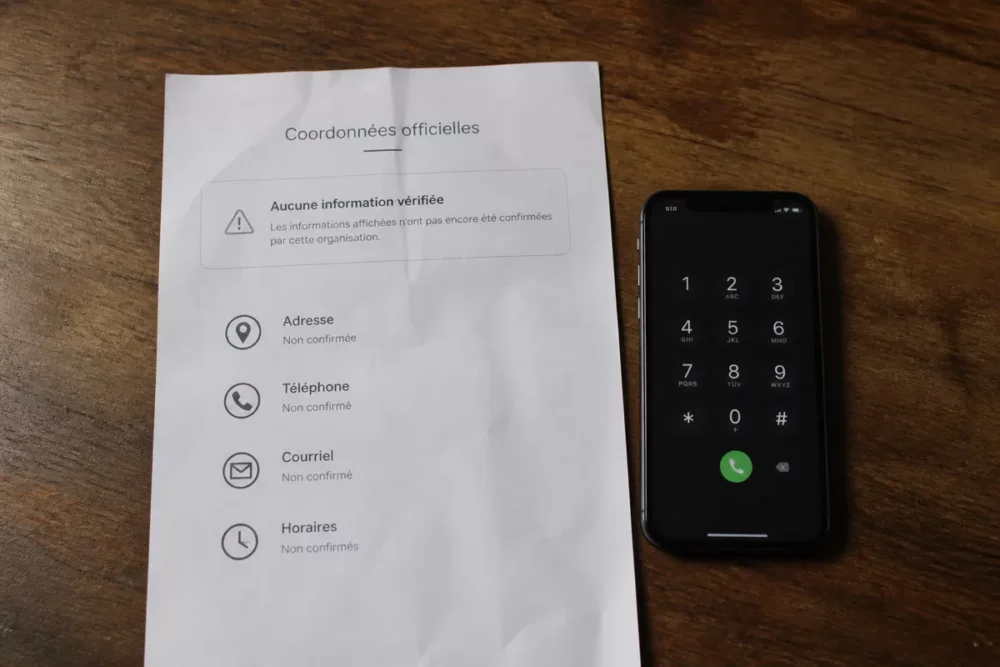 Page de contact et téléphone illustrant la vérification des coordonnées officielles de Domgrav.