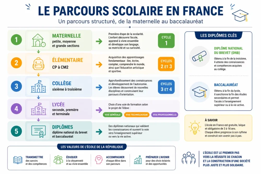 Schéma en français du parcours scolaire français de la maternelle au lycée