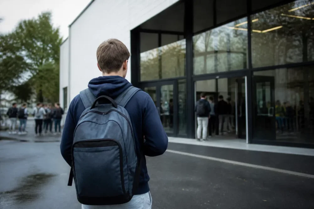 Élève devant un établissement scolaire lors du passage du collège au lycée