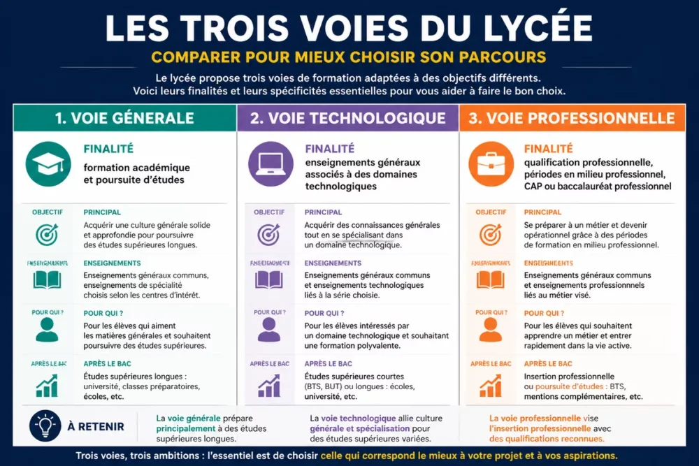 Infographie en français comparant les voies générale, technologique et professionnelle au lycée