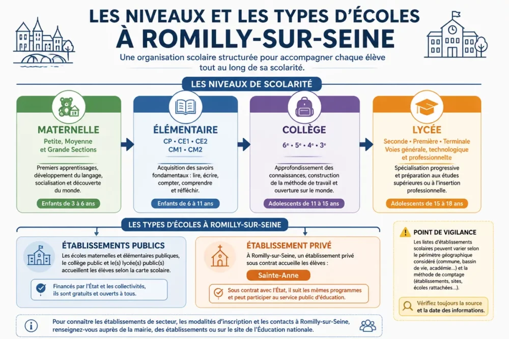 Schéma des niveaux scolaires et des types d'écoles à Romilly-sur-Seine