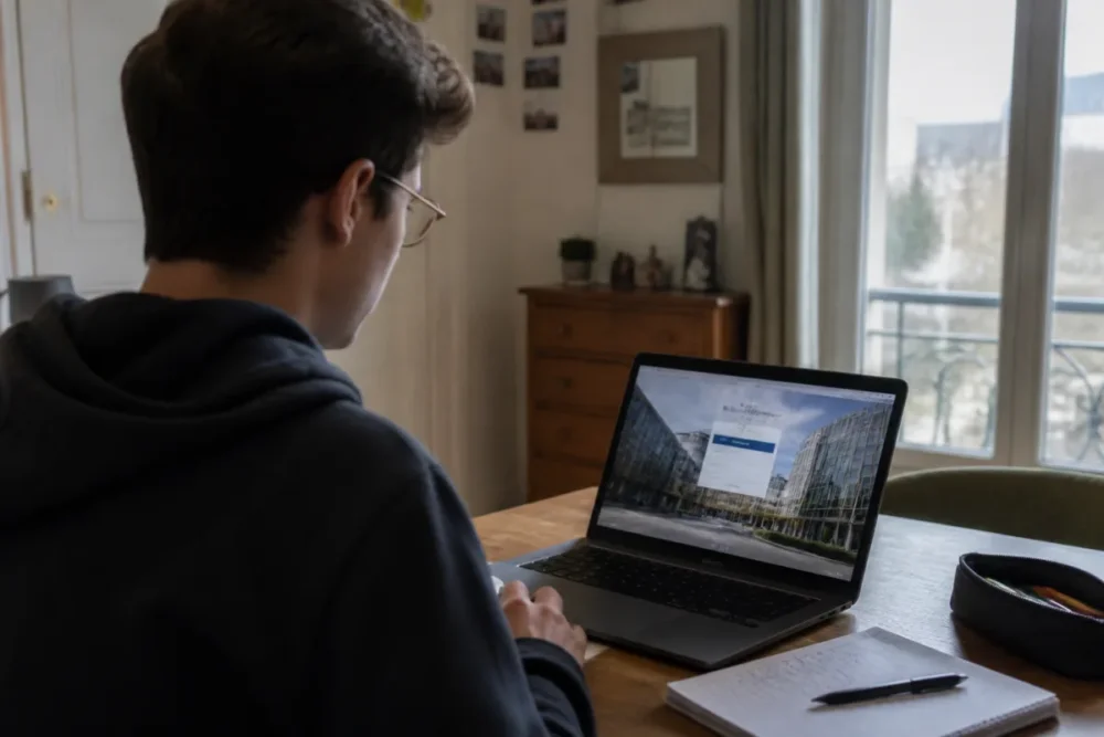 Étudiant sur ordinateur devant la connexion ENT Tours