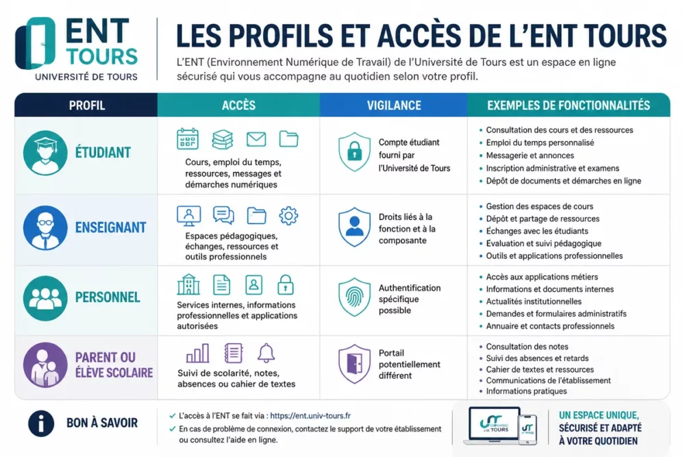 Infographie des profils et accès généralement recherchés sur l’ENT Tours.