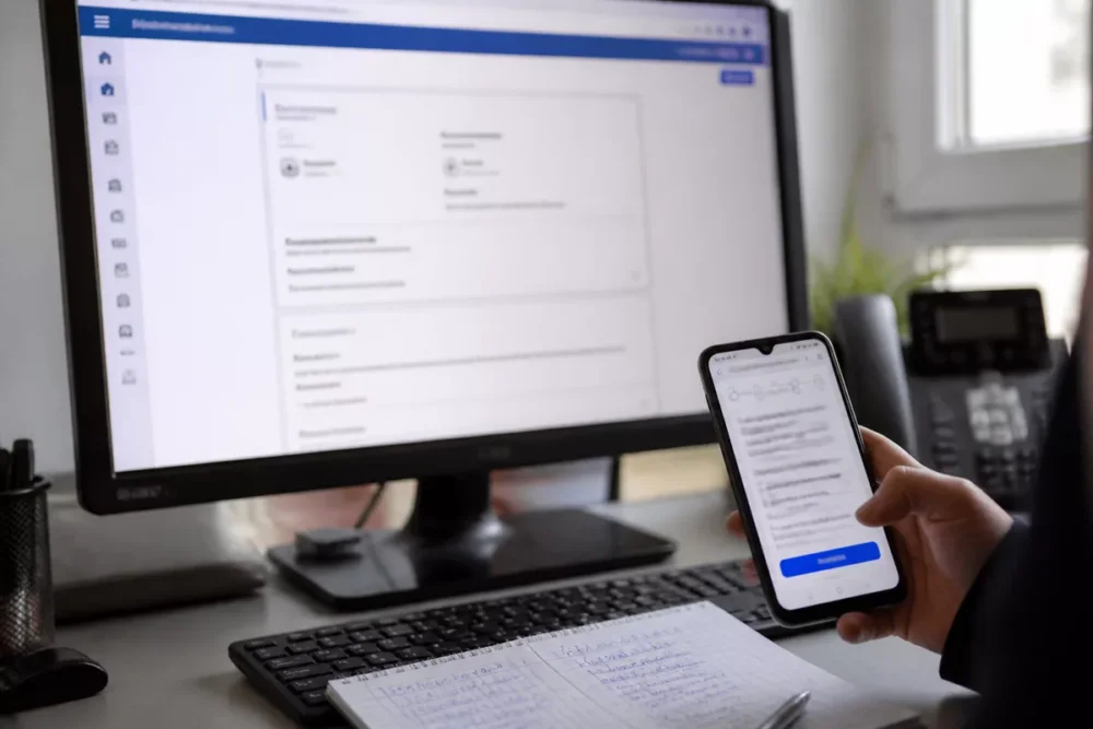 Téléphone et ordinateur utilisés pour vérifier une procédure de réinitialisation de l’ENT Tours.