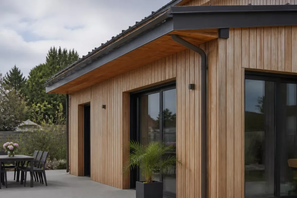 Photo réaliste d’une maison à ossature bois avec bardage et détails de protection contre l’humidité