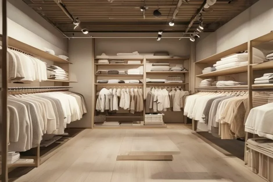 Exemple de vêtements casual rangés dans un magasin de prêt-à-porter