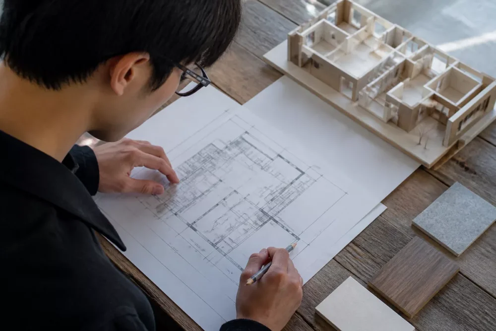 Débutant étudiant un plan architectural et une maquette physique pour comprendre le BIM