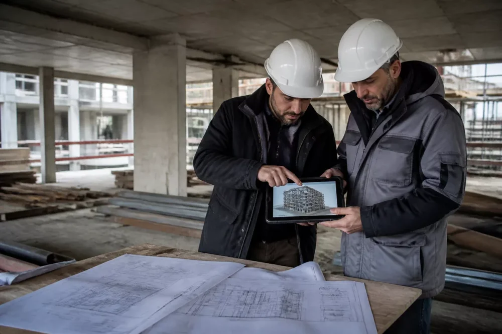 Équipe de chantier consultant une maquette numérique BIM sur tablette