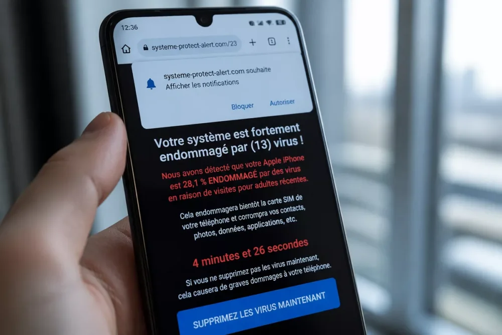 Fausse alerte de virus sur un smartphone après une visite de streaming