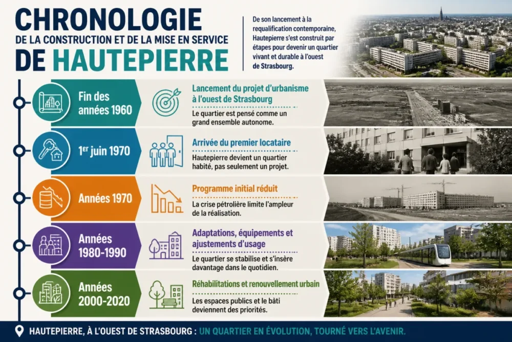 Infographie de la chronologie de Hautepierre à Strasbourg, avec les grandes étapes de sa construction et de ses réhabilitations