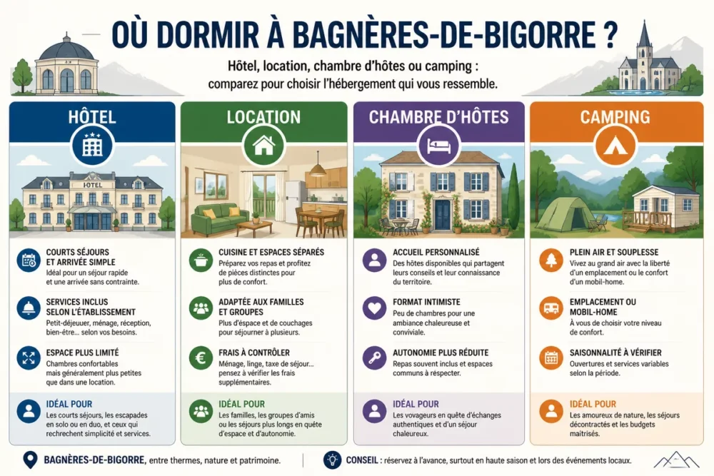 Infographie comparant hôtel, location, chambre d’hôtes et camping à Bagnères-de-Bigorre