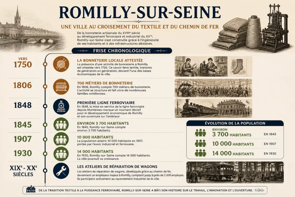 Infographie en français sur l’histoire de Romilly-sur-Seine, de la bonneterie au chemin de fer