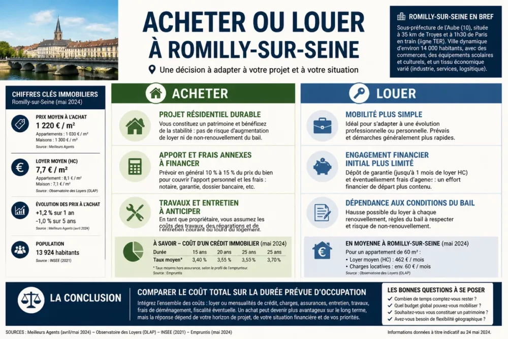 Infographie comparant acheter ou louer un logement à Romilly-sur-Seine