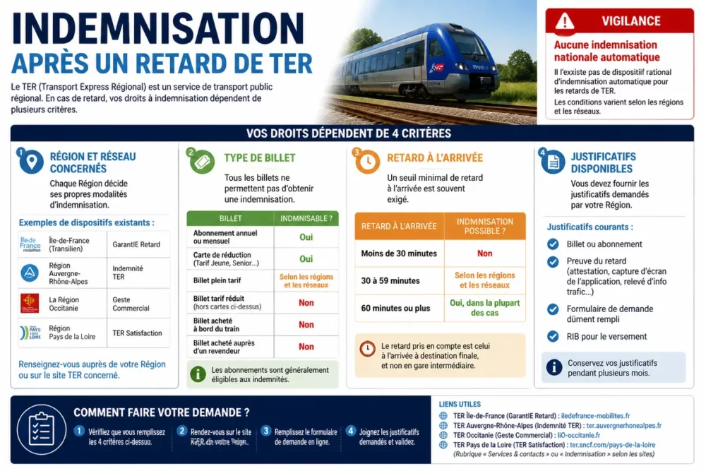 Infographie en français sur les critères d’indemnisation après un retard de TER