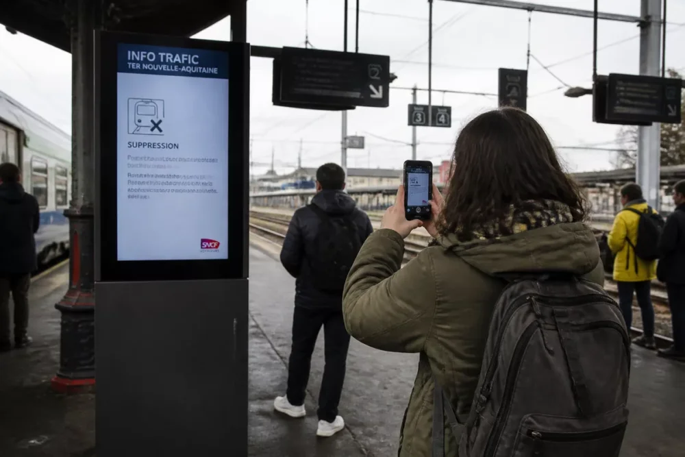 Voyageur constatant la suppression d’un TER en gare