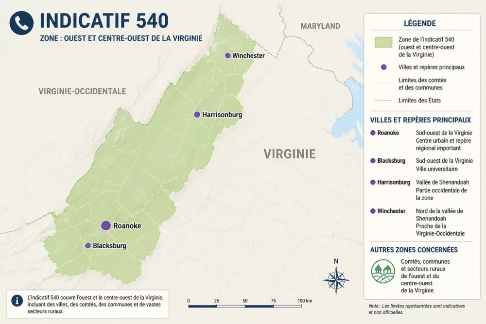 Carte schématique des villes et régions couvertes par l’indicatif 540 en Virginie
