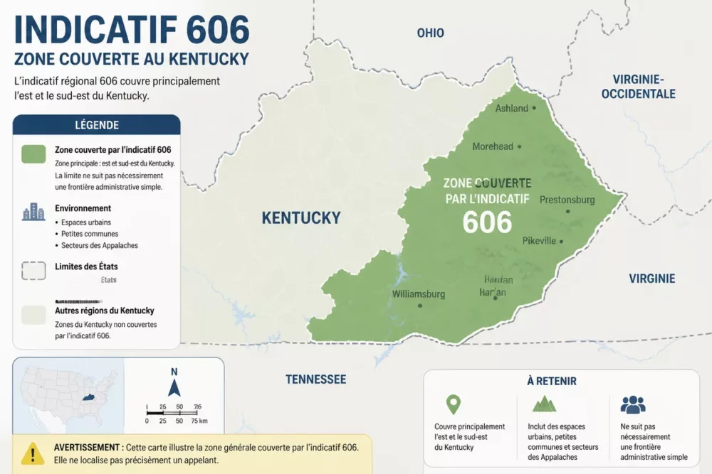 Carte de la zone de l’indicatif 606 dans l’est et le sud-est du Kentucky
