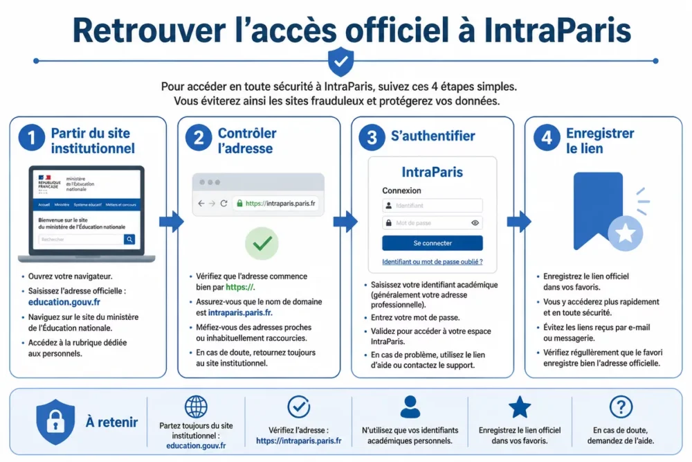 Schéma des quatre étapes pour retrouver l’accès officiel à IntraParis