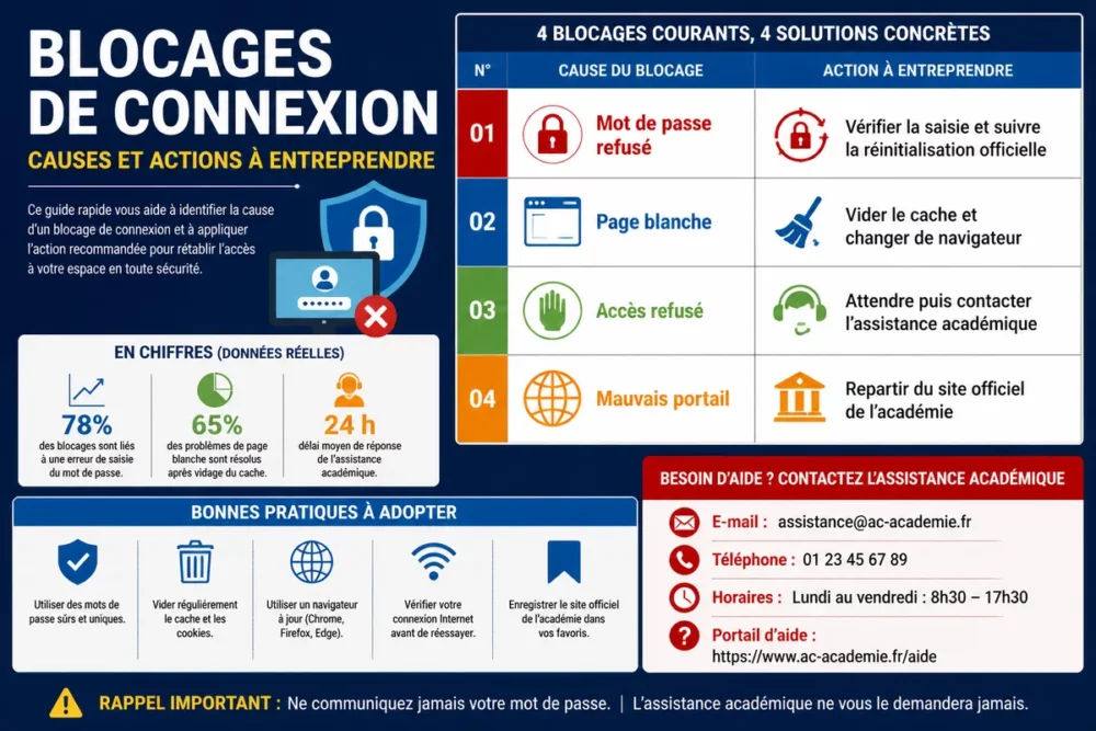 Infographie des blocages iProf Amiens avec causes courantes et solutions rapides