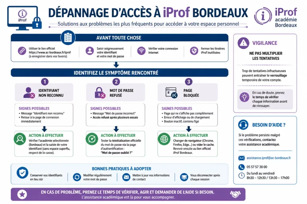 Schéma des blocages de connexion iProf Bordeaux et des premières vérifications