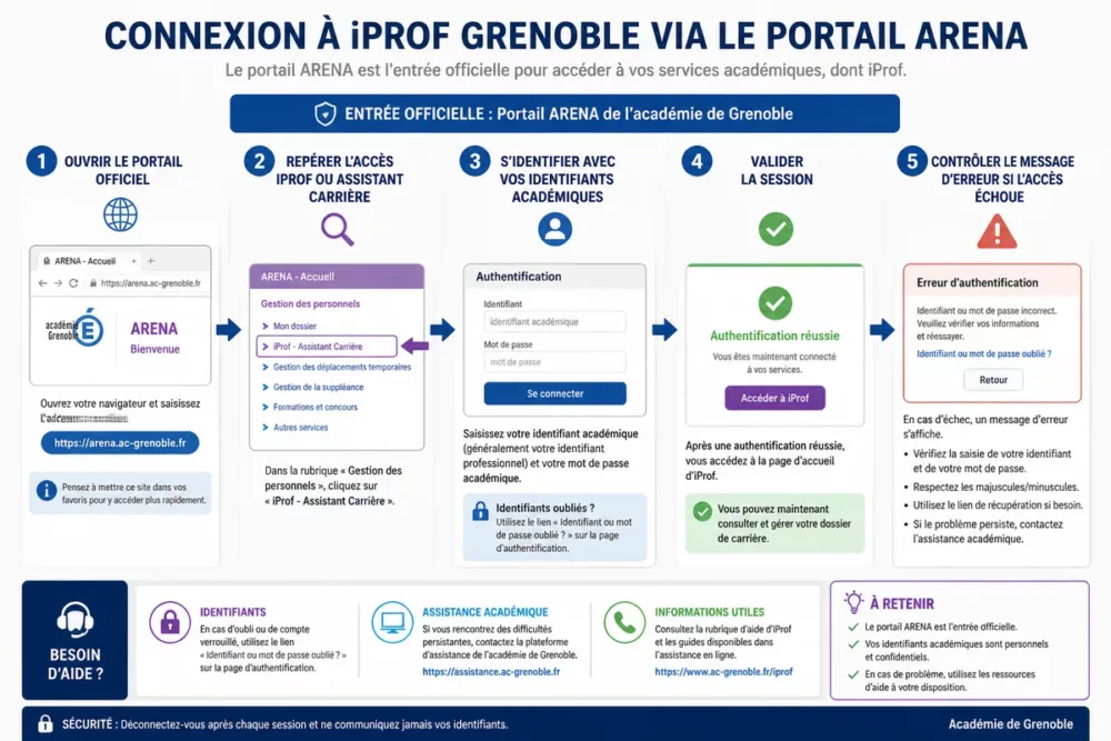 Schéma des étapes pour accéder à iProf Grenoble via le portail ARENA