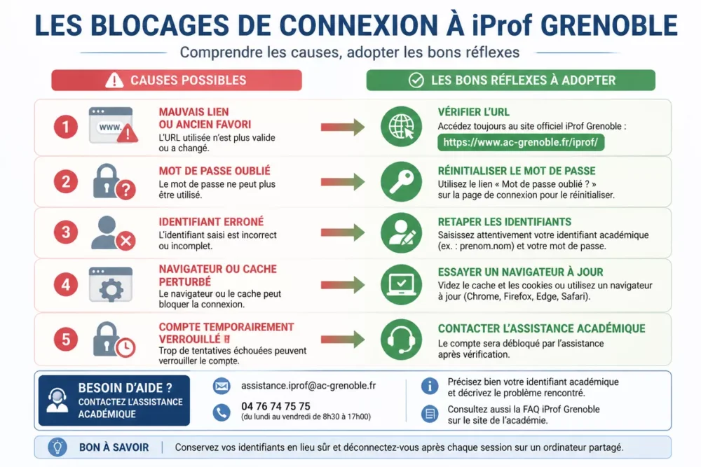 Infographie des causes fréquentes d’échec de connexion à iProf Grenoble