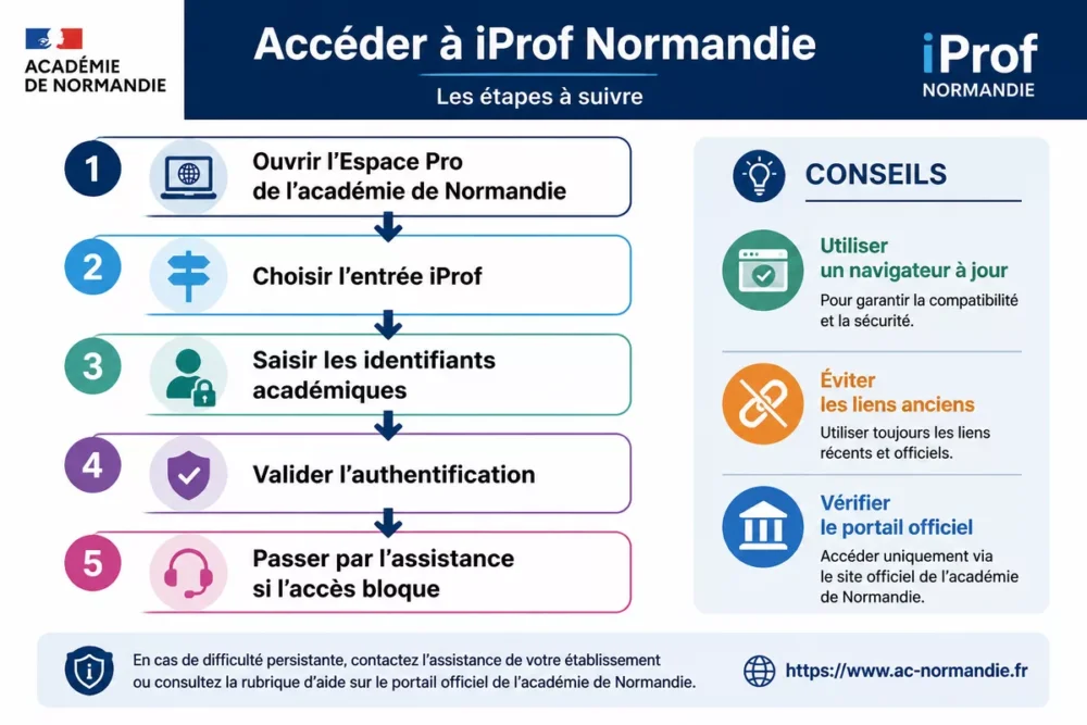 Schéma de connexion iProf Normandie avec portail académique et identifiants