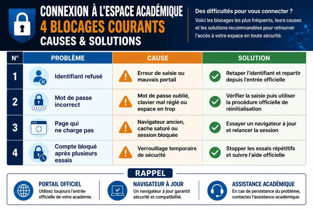 Infographie des blocages courants sur iProf Normandie avec causes et solutions