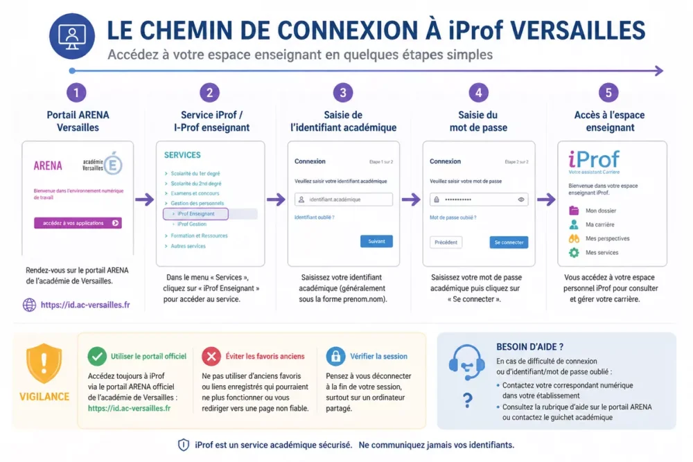 Schéma de connexion iProf Versailles via ARENA et identifiants académiques
