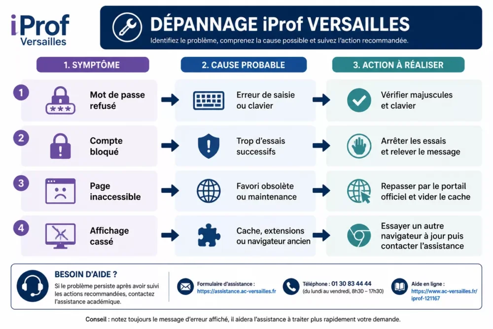 Schéma de dépannage iProf Versailles en cas de mot de passe oublié ou compte bloqué