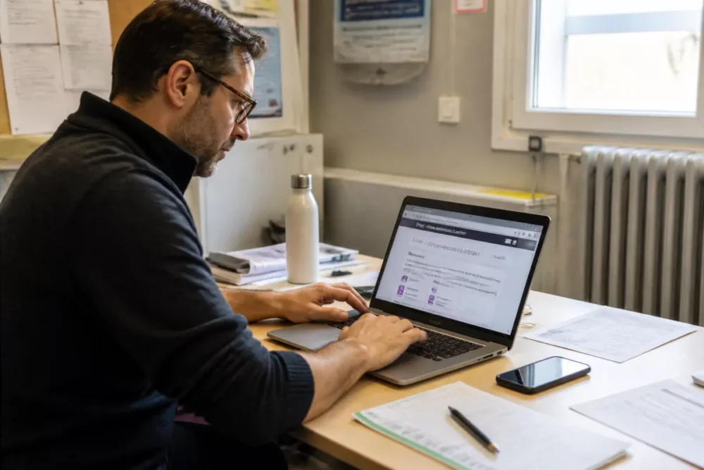 Photo réaliste d’un enseignant utilisant l’espace iProf Versailles sur ordinateur
