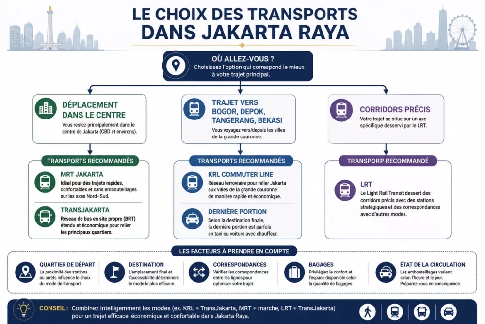 Schéma pour choisir entre MRT, TransJakarta, KRL, LRT et voiture à Jakarta Raya