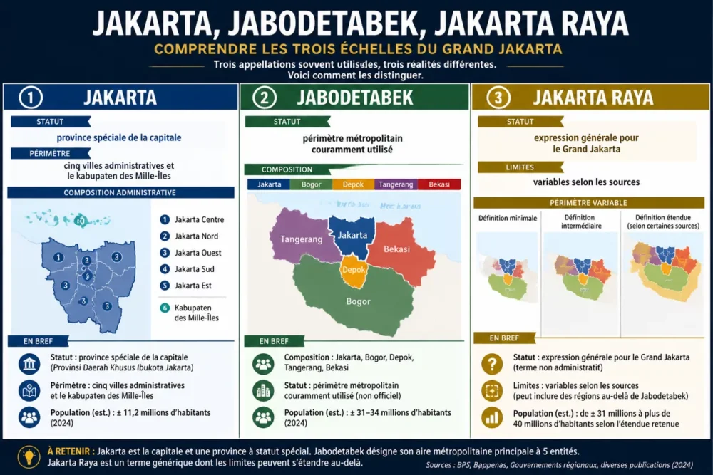 Infographie comparant Jakarta, Jabodetabek et Jakarta Raya en Indonésie