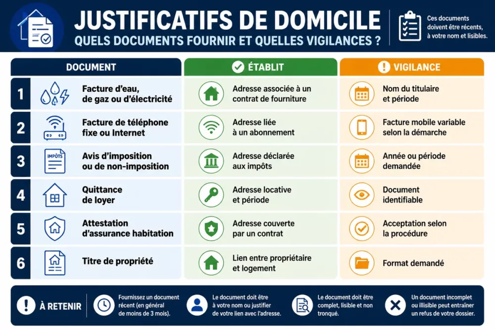 Infographie des documents généralement acceptés comme justificatif de domicile.