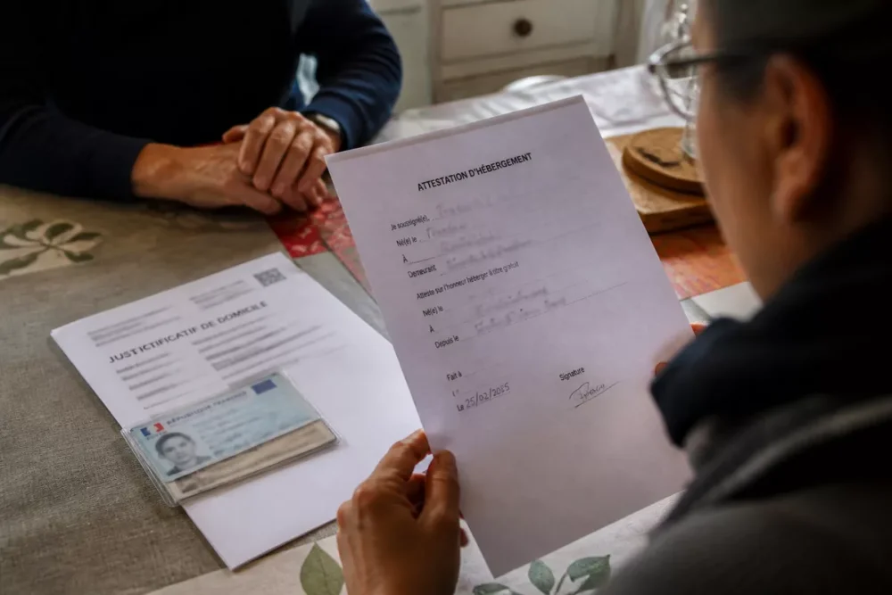 Attestation d’hébergement accompagnée du justificatif de domicile et de l’identité de l’hébergeant.