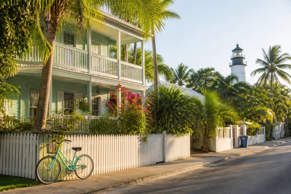 Maison en bois pastel dans la vieille ville de Key West avec le phare en arrière-plan