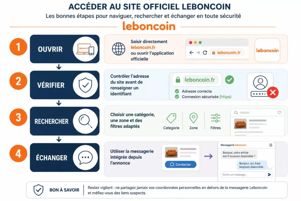 Schéma des étapes pour accéder à Leboncoin en toute sécurité.