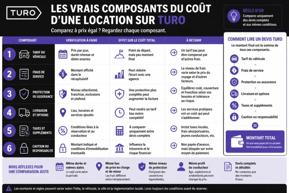 Infographie des frais à vérifier pour une location de voiture Turo