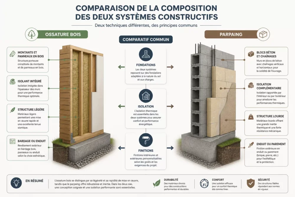 Schéma comparatif de la structure d’une maison à ossature bois et en parpaing