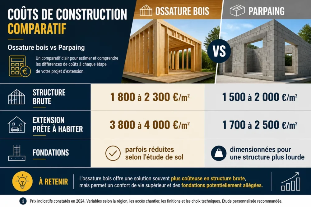 Infographie des coûts comparés entre ossature bois et parpaing en 2026