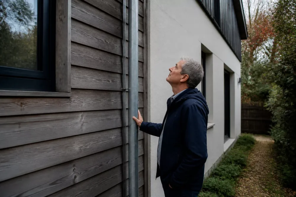 Photo réaliste d’un contrôle d’entretien sur une façade de maison en bois
