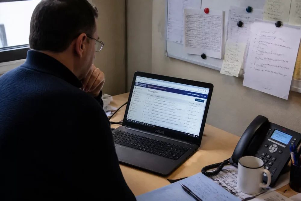Photo réaliste d’un accès à MEL depuis un bureau, avec un ordinateur portable.