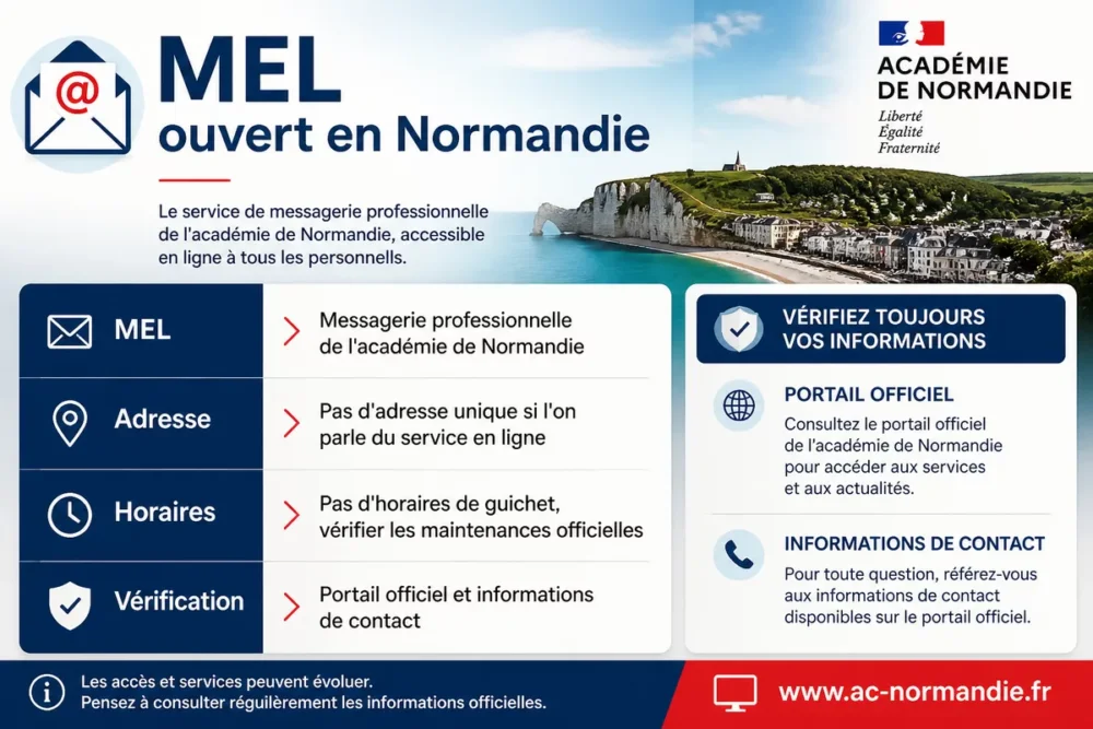 Infographie sur MEL ouvert en Normandie : service en ligne, adresse utile et vérification.