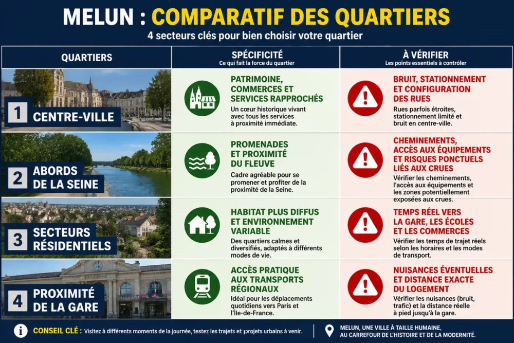 Infographie comparative des quartiers de Melun et de leurs caractéristiques.