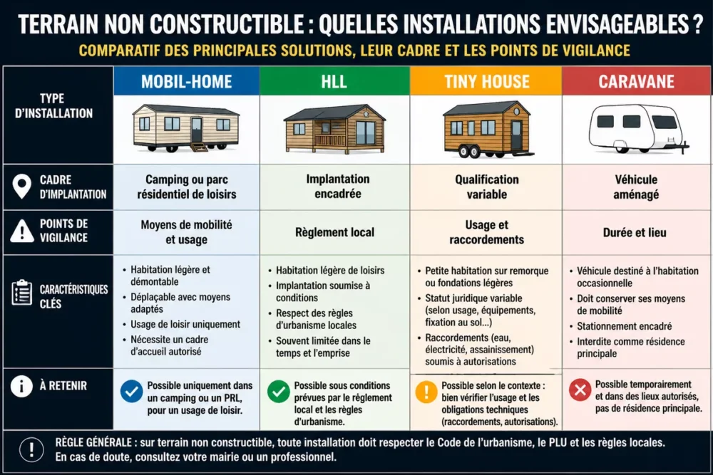 Infographie comparative entre mobil-home, habitation légère, tiny house et caravane