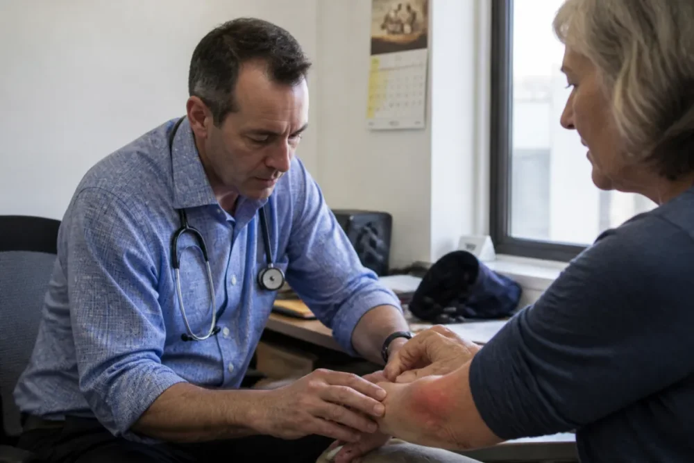 consultation médicale pour une morsure d’araignée avec examen de la peau