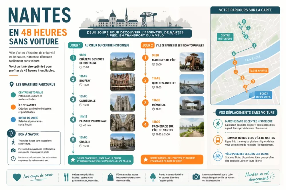 Schéma en français de l’itinéraire Nantes en 48 heures sans voiture entre centre historique et île de Nantes