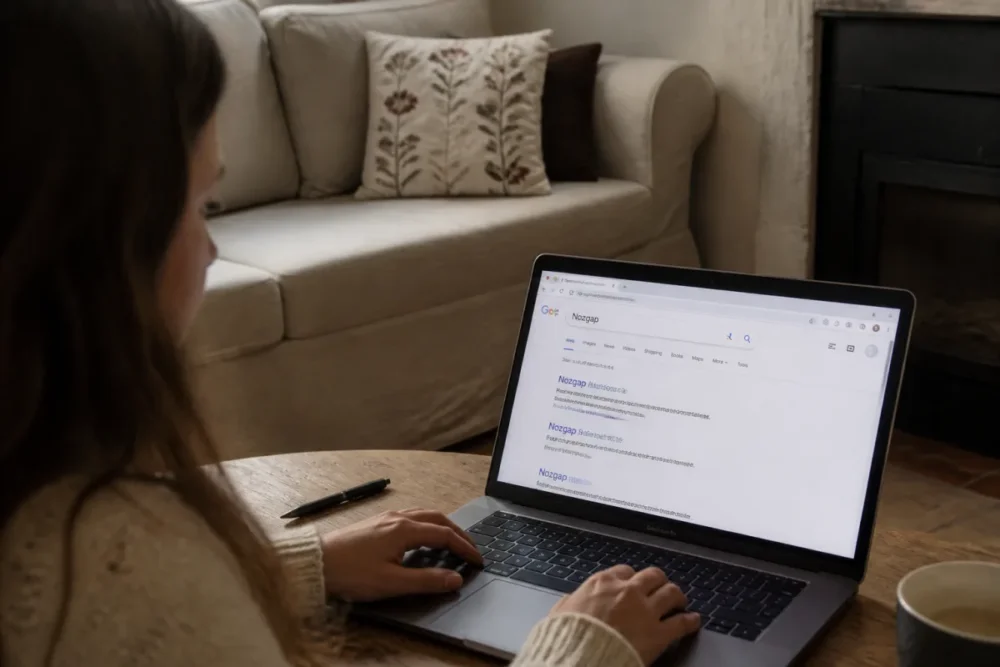 Personne en train de rechercher le site Nozgap sur un ordinateur portable
