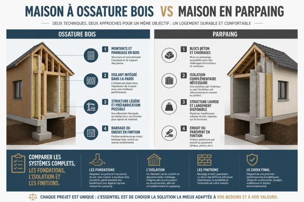 Schéma comparatif entre ossature bois et parpaing avec structure isolation fondations et finitions