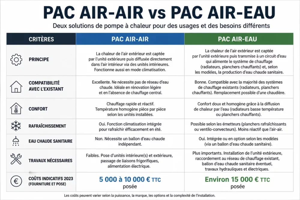 Comparatif entre PAC air-air et PAC air-eau pour une maison ancienne.